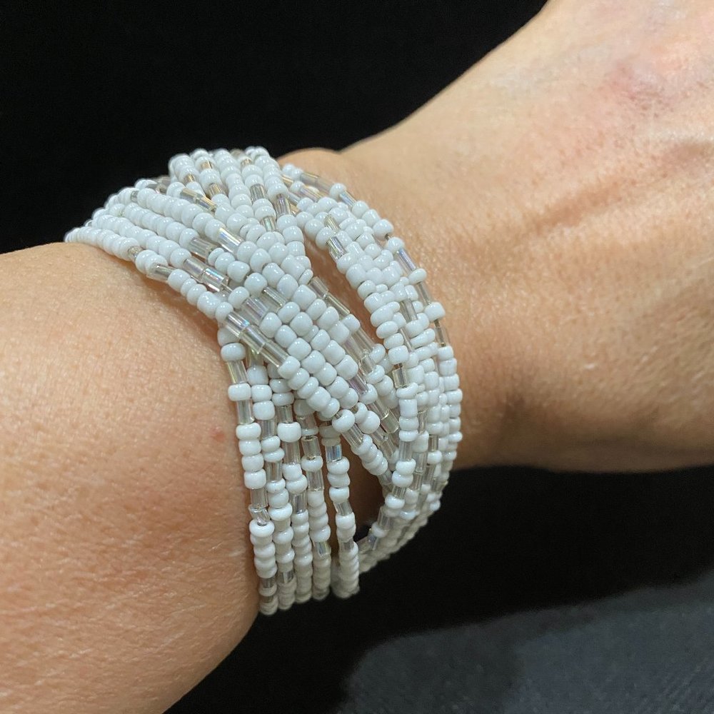 Vintage Expandable Beaded Cuff Summer Bracelet White and Clear Beads